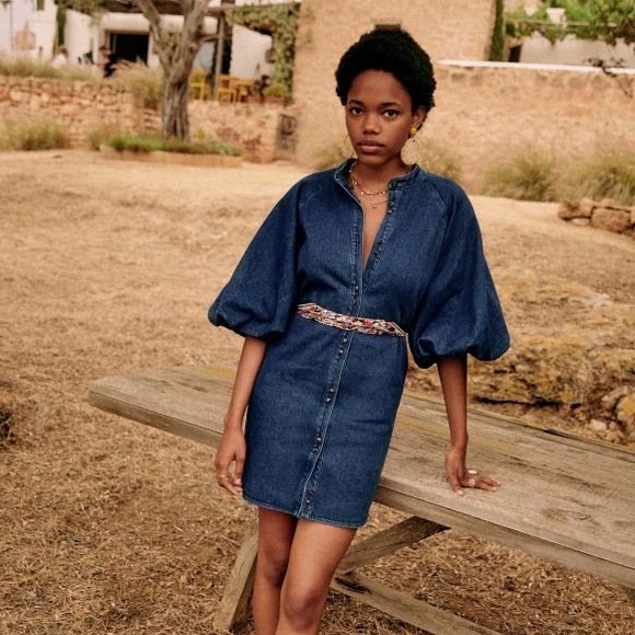 Sezane Lila Dress Puff Balloon Sleeve Mini Button Front Dress - Picture 3 of 10